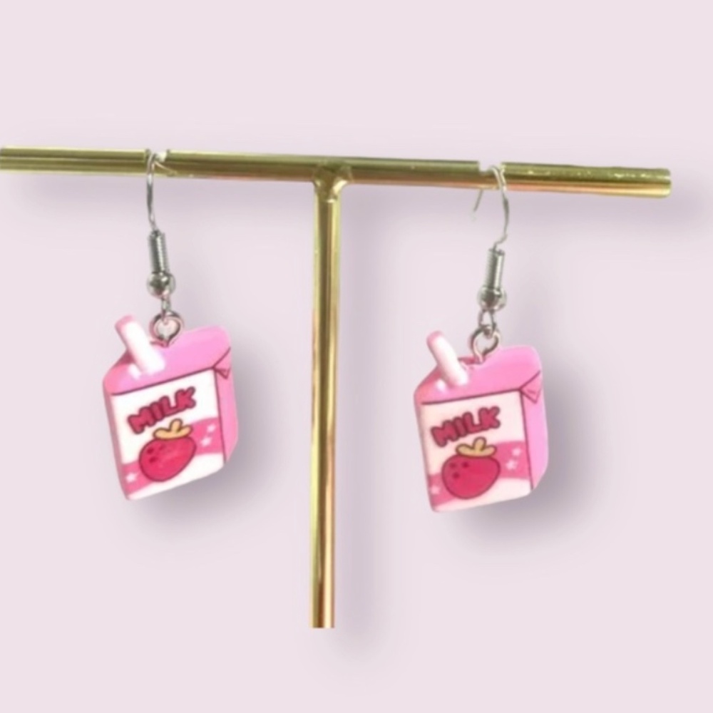 ❤️FREE Strawberry Milk Kids Cartoon Pop Art Artsy Drop Charm Cute Funny Earrings